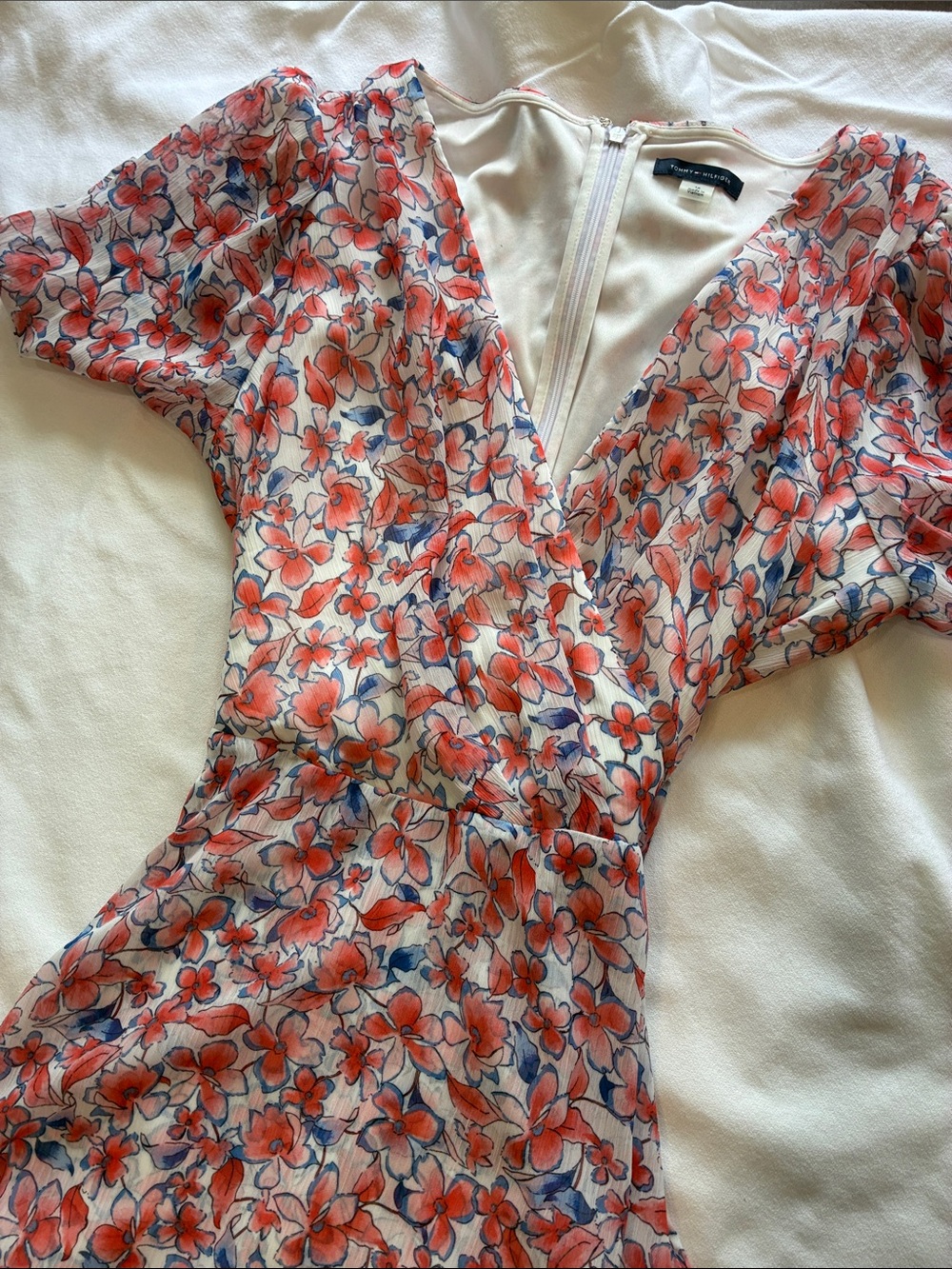 Tommy Hilfiger Coral and Blue Floral Wrap Midi Dress
